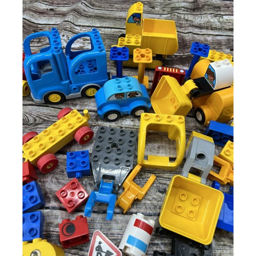 Lot of 100 Lego Duplo Construction W/Minifigs, Trains, Cars, Trucks, Backhoe